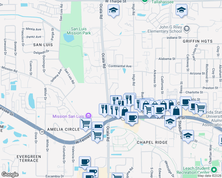 map of restaurants, bars, coffee shops, grocery stores, and more near 1079 Ocala Road in Tallahassee