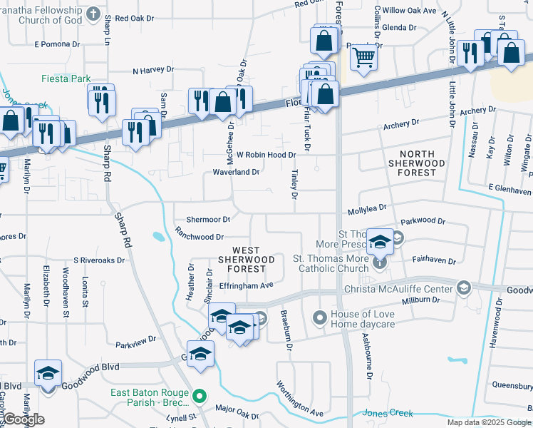 map of restaurants, bars, coffee shops, grocery stores, and more near 601 Vieux Drive in Baton Rouge