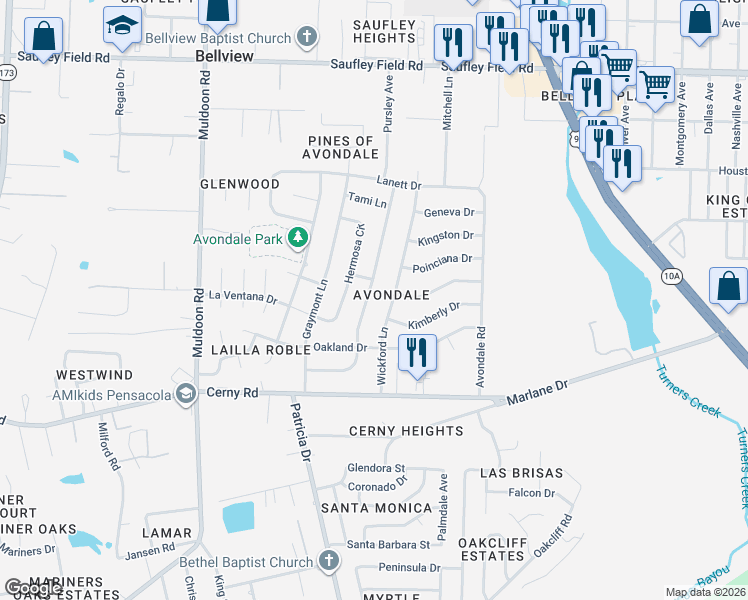map of restaurants, bars, coffee shops, grocery stores, and more near 5711 Ventura Lane in Pensacola
