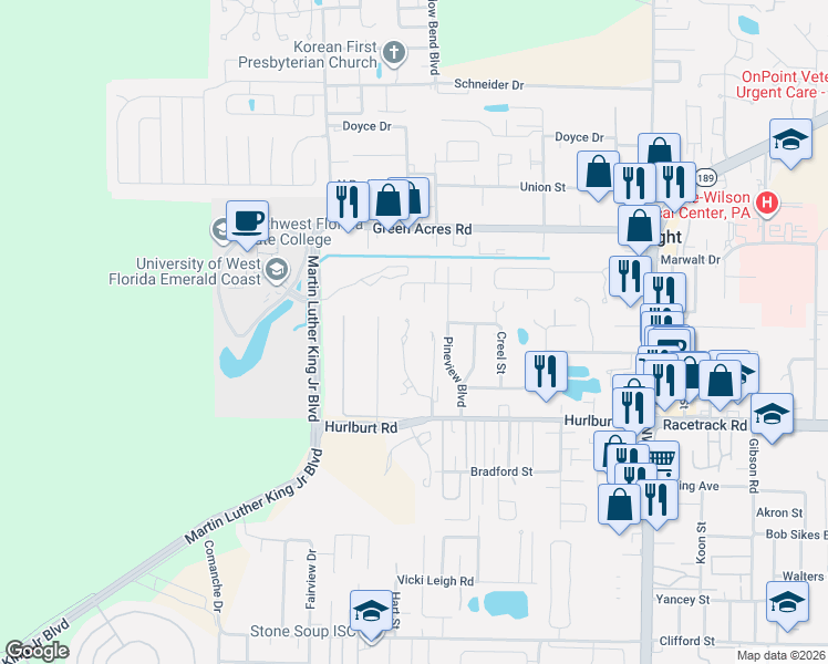 map of restaurants, bars, coffee shops, grocery stores, and more near 1789 Emerald Lane in Fort Walton Beach