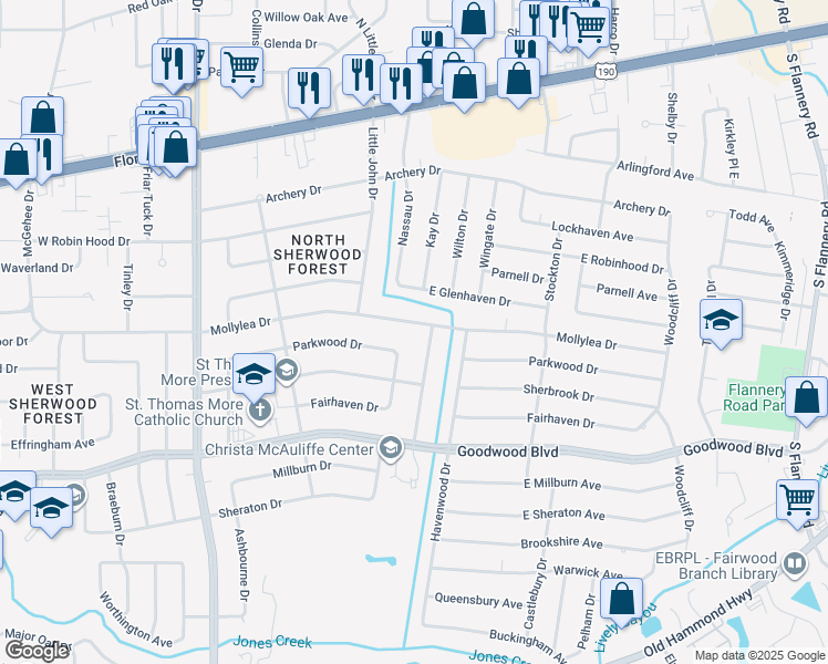 map of restaurants, bars, coffee shops, grocery stores, and more near 11944 Mollylea Drive in Baton Rouge