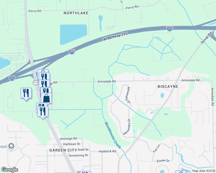 map of restaurants, bars, coffee shops, grocery stores, and more near 2875 Armsdale Road in Jacksonville