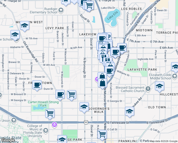 map of restaurants, bars, coffee shops, grocery stores, and more near 1000 North Duval Street in Tallahassee