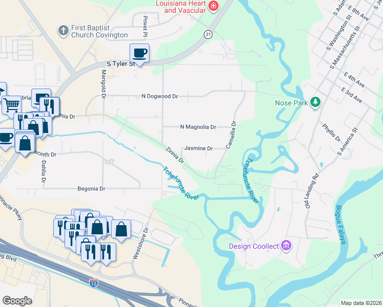 map of restaurants, bars, coffee shops, grocery stores, and more near 94 Jasmine Drive in Covington