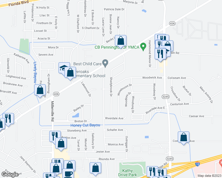 map of restaurants, bars, coffee shops, grocery stores, and more near 1170 Shadybrook Drive in Baton Rouge