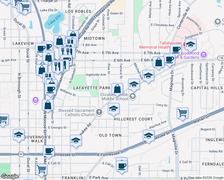 map of restaurants, bars, coffee shops, grocery stores, and more near 710 Reid Street in Tallahassee
