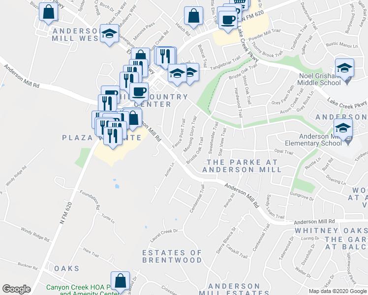 map of restaurants, bars, coffee shops, grocery stores, and more near 11415 Morning Glory Trail in Austin