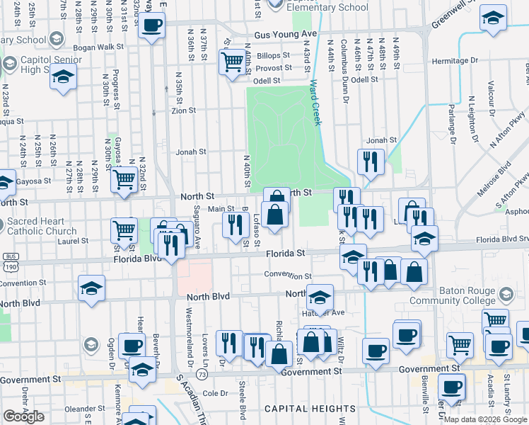 map of restaurants, bars, coffee shops, grocery stores, and more near 2 Live Oak Boulevard in Baton Rouge