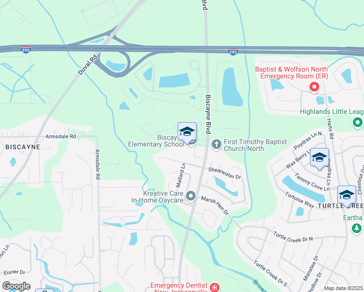 map of restaurants, bars, coffee shops, grocery stores, and more near 12230 Biscayne Boulevard in Jacksonville