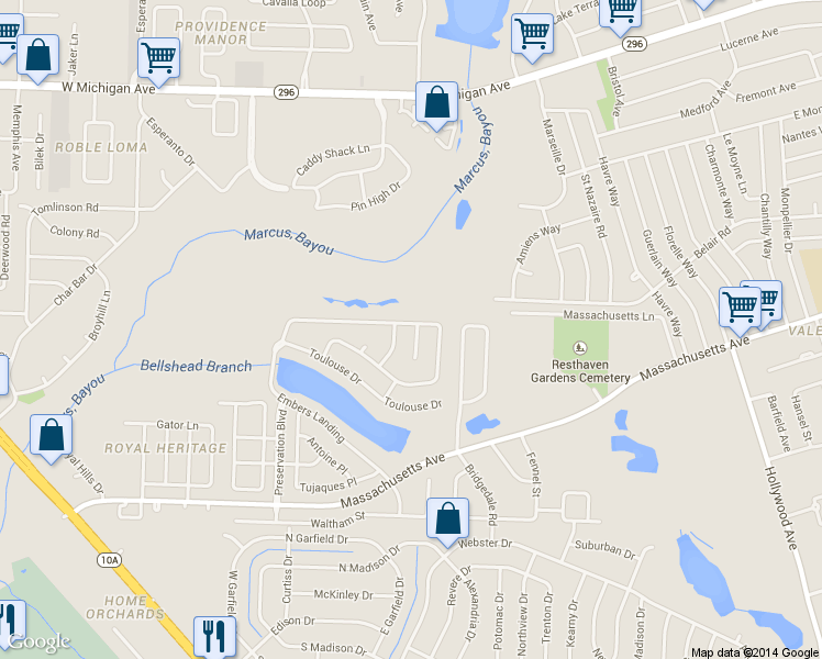 map of restaurants, bars, coffee shops, grocery stores, and more near 7305 Du Monde Place in Pensacola