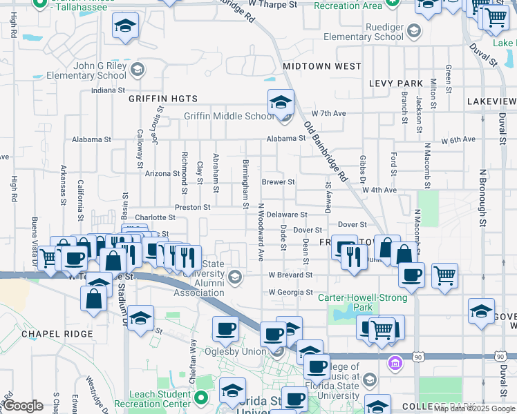 map of restaurants, bars, coffee shops, grocery stores, and more near 1020 North Woodward Avenue in Tallahassee