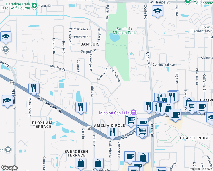 map of restaurants, bars, coffee shops, grocery stores, and more near 2214 West Mission Road in Tallahassee