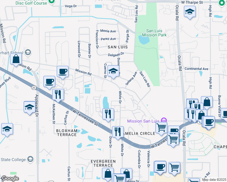 map of restaurants, bars, coffee shops, grocery stores, and more near 2353 West Mission Road in Tallahassee