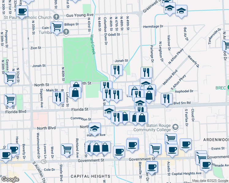map of restaurants, bars, coffee shops, grocery stores, and more near 4546 North Street in Baton Rouge