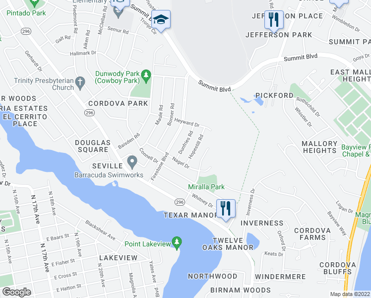 map of restaurants, bars, coffee shops, grocery stores, and more near 3530 Dunfries Rd in Pensacola