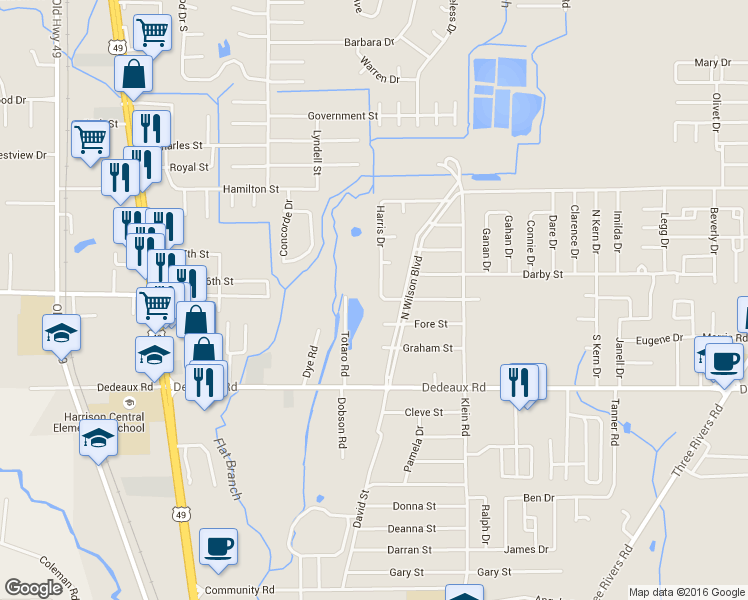 map of restaurants, bars, coffee shops, grocery stores, and more near 11389 Harris Drive in Gulfport