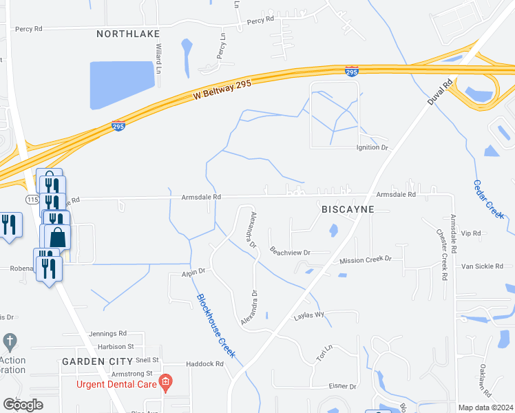 map of restaurants, bars, coffee shops, grocery stores, and more near 11982 Alexandra Drive in Jacksonville