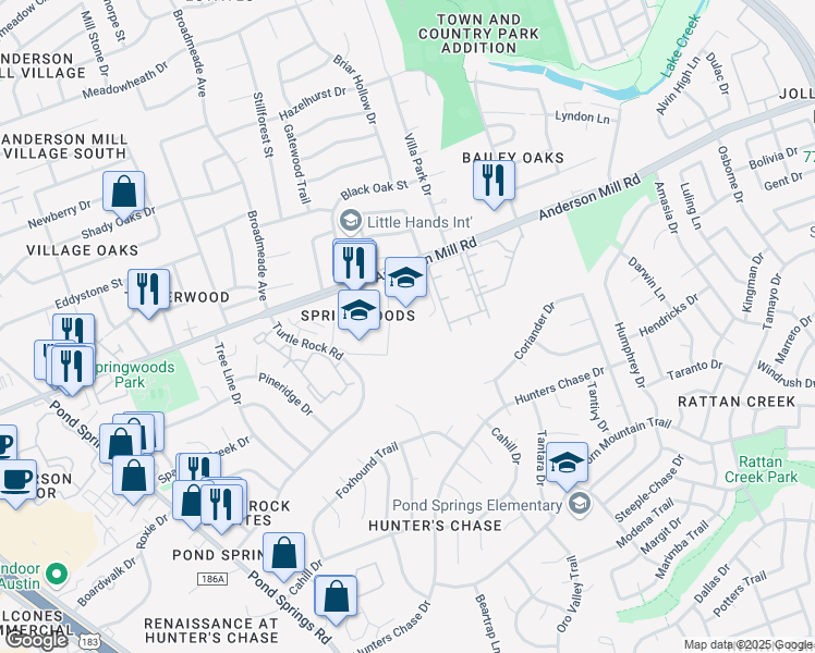 map of restaurants, bars, coffee shops, grocery stores, and more near 8607 Anderson Mill Road in Austin