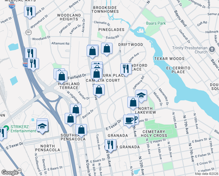 map of restaurants, bars, coffee shops, grocery stores, and more near 3803 North 11th Avenue in Pensacola
