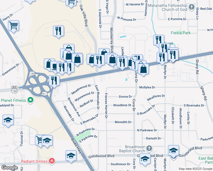 map of restaurants, bars, coffee shops, grocery stores, and more near 9311 Mollylea Drive in Baton Rouge