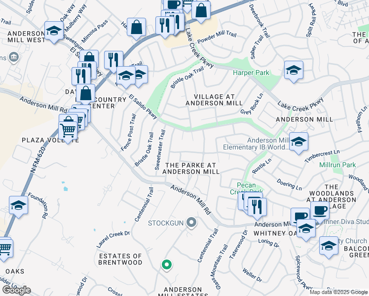 map of restaurants, bars, coffee shops, grocery stores, and more near 11701 Wind Song Cove in Austin