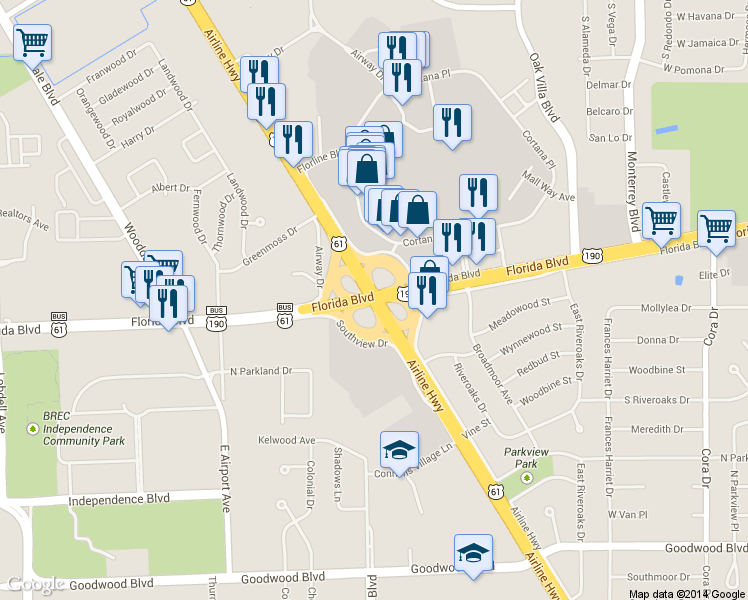 map of restaurants, bars, coffee shops, grocery stores, and more near 8540 Florida Boulevard in Baton Rouge