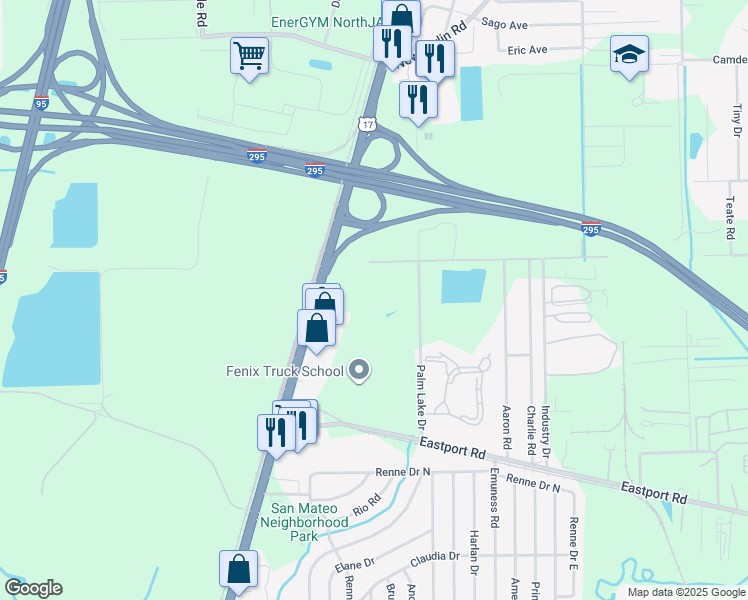 map of restaurants, bars, coffee shops, grocery stores, and more near 11912 Palm Lake Drive in Jacksonville