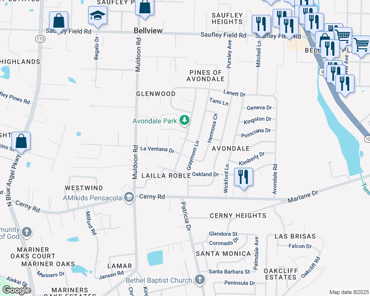 map of restaurants, bars, coffee shops, grocery stores, and more near 5712 Vestavia Lane in Pensacola