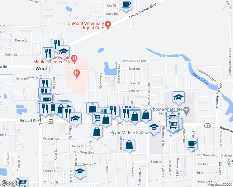map of restaurants, bars, coffee shops, grocery stores, and more near 300 Verb Street in Fort Walton Beach