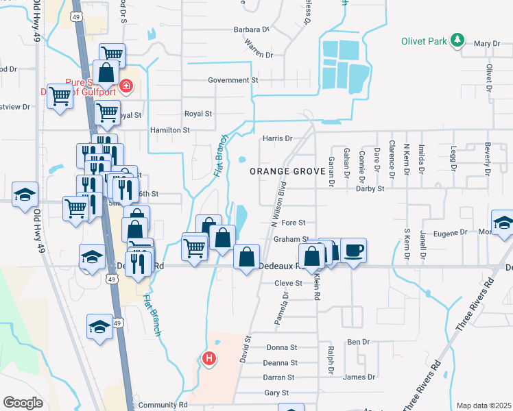 map of restaurants, bars, coffee shops, grocery stores, and more near 11390 Harris Drive in Gulfport