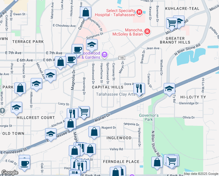 map of restaurants, bars, coffee shops, grocery stores, and more near 1101 Carraway Street in Tallahassee