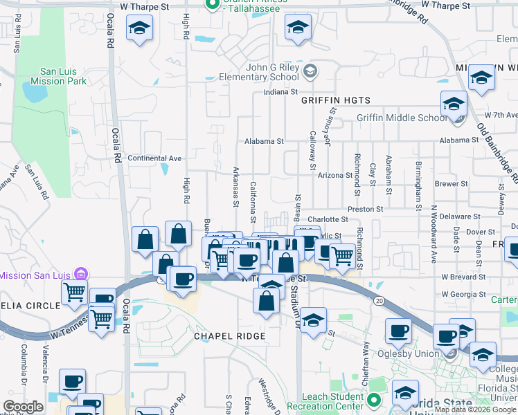 map of restaurants, bars, coffee shops, grocery stores, and more near 805 California Street in Tallahassee
