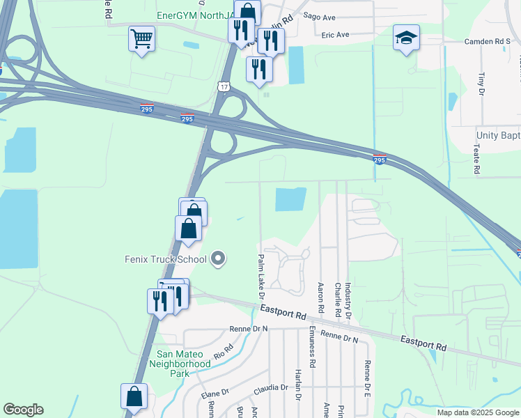 map of restaurants, bars, coffee shops, grocery stores, and more near 11701 Palm Lake Drive in Jacksonville