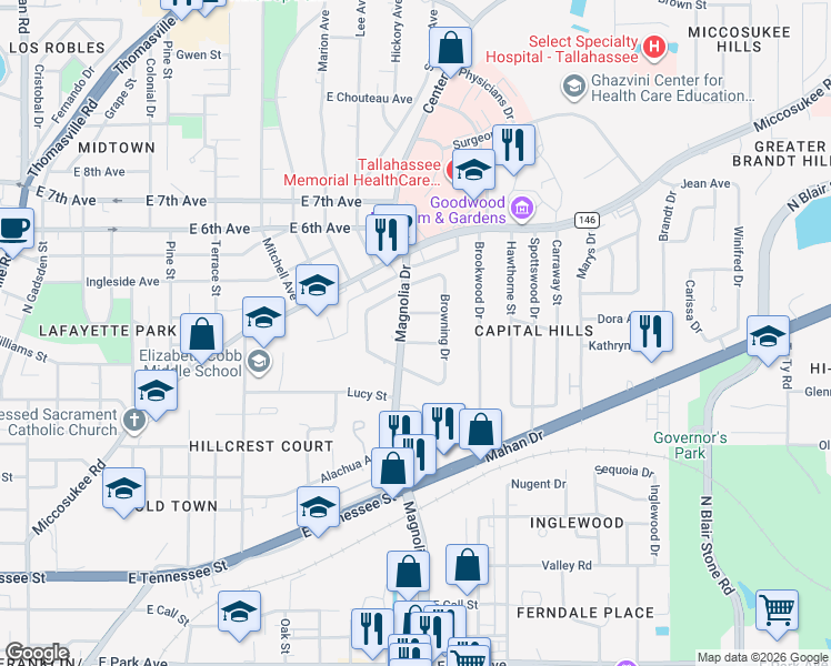 map of restaurants, bars, coffee shops, grocery stores, and more near 1403 Frederick Drive in Tallahassee