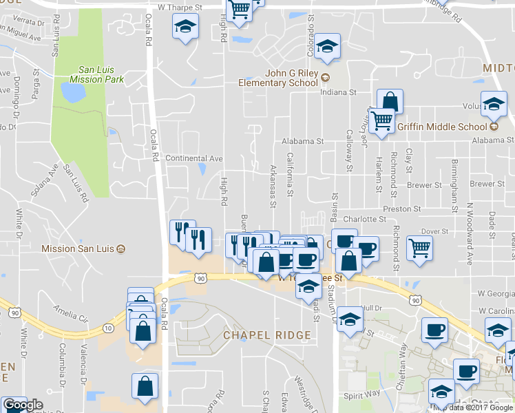 map of restaurants, bars, coffee shops, grocery stores, and more near 917 Buena Vista Drive in Tallahassee
