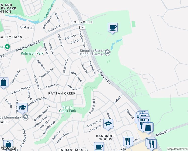 map of restaurants, bars, coffee shops, grocery stores, and more near 7425 Peabody Drive in Austin