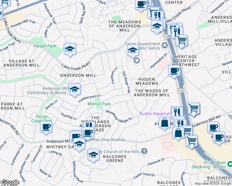 map of restaurants, bars, coffee shops, grocery stores, and more near 10303 Timbercrest Lane in Austin