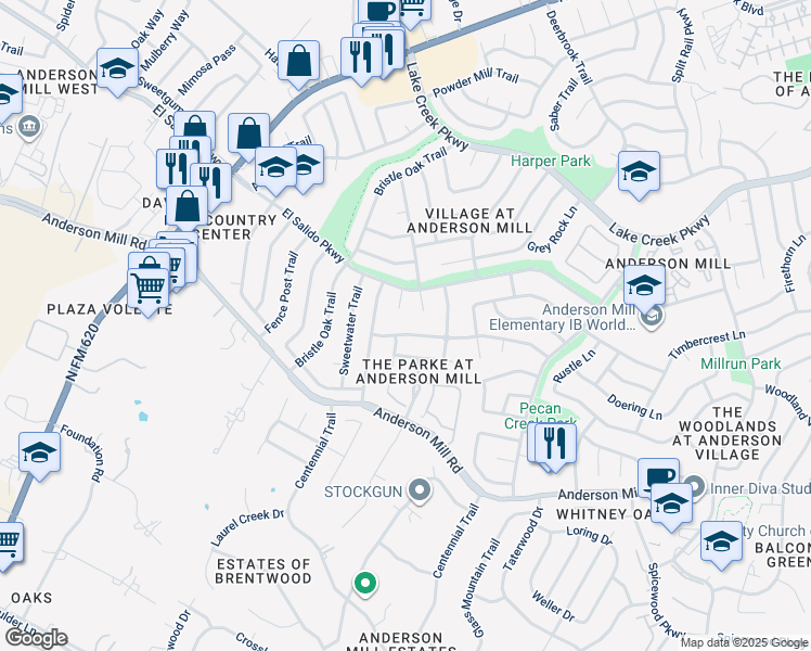 map of restaurants, bars, coffee shops, grocery stores, and more near 11701 Wind Song Cove in Austin