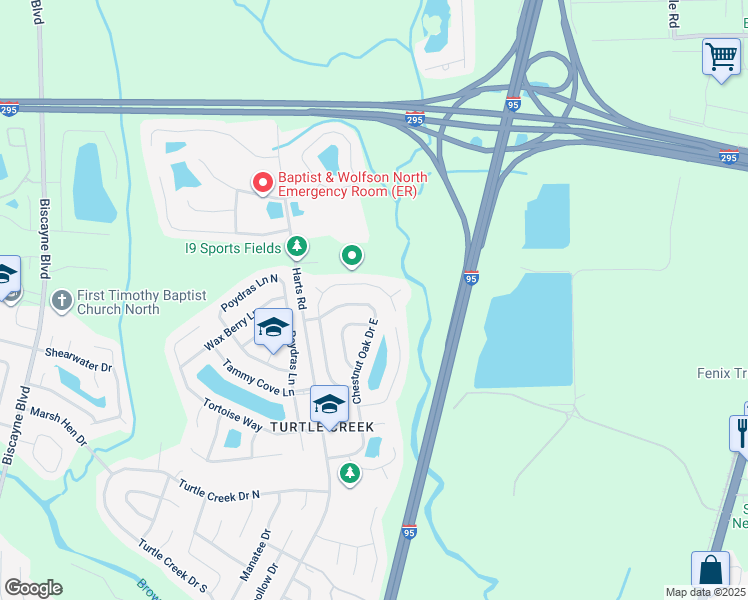 map of restaurants, bars, coffee shops, grocery stores, and more near 707 Chestnut Oak Drive North in Jacksonville