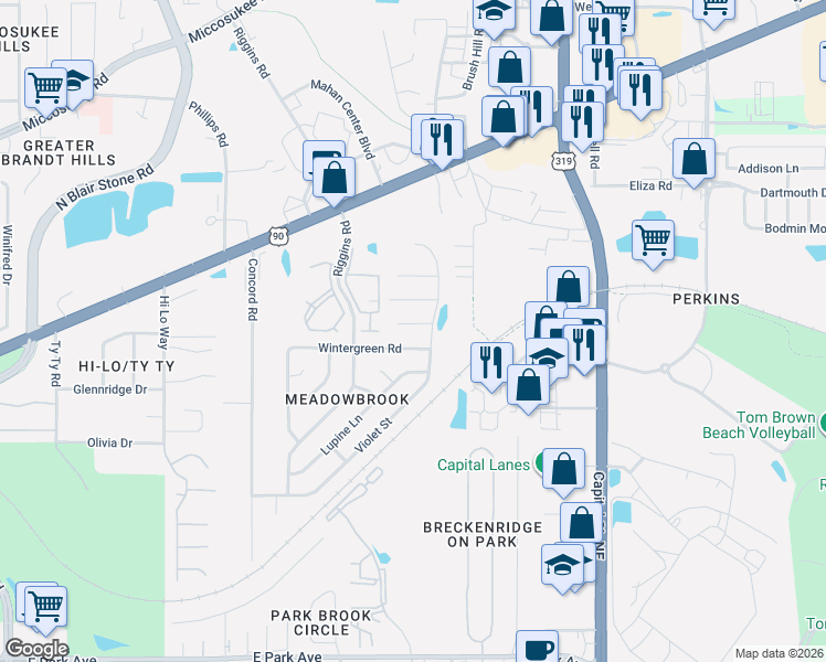 map of restaurants, bars, coffee shops, grocery stores, and more near 2429 Beautyberry Court in Tallahassee