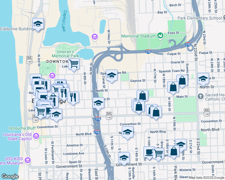 map of restaurants, bars, coffee shops, grocery stores, and more near 1143 North Street in Baton Rouge