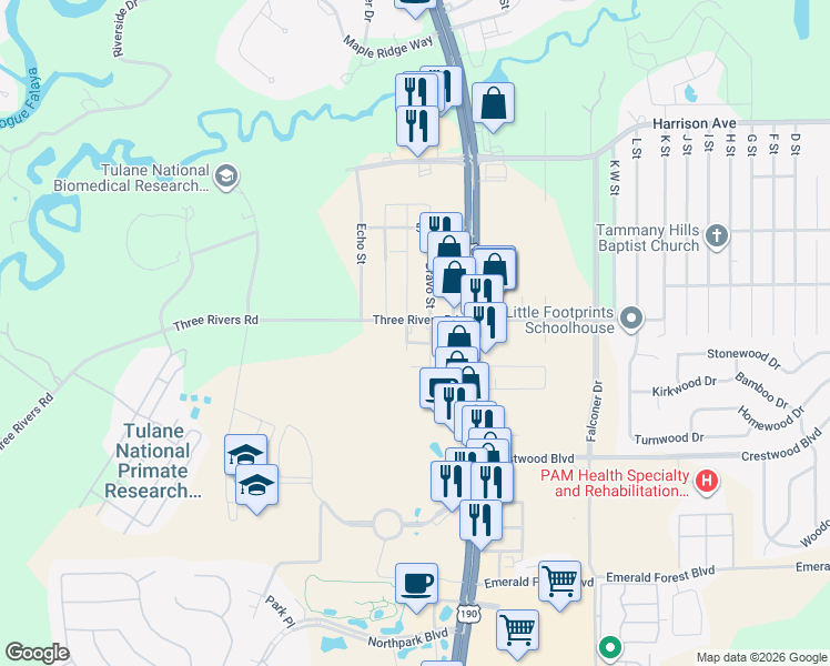 map of restaurants, bars, coffee shops, grocery stores, and more near 70360 Charlie Street in Covington