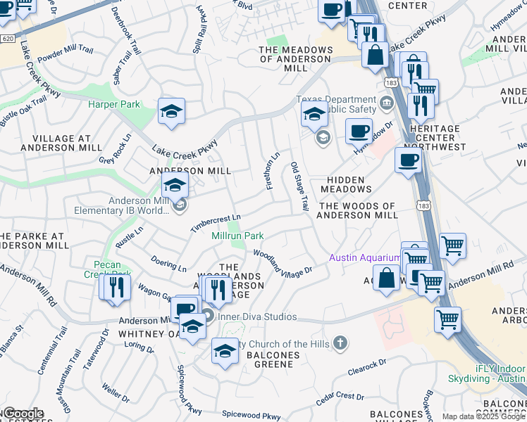 map of restaurants, bars, coffee shops, grocery stores, and more near 10317 Timbercrest Lane in Austin