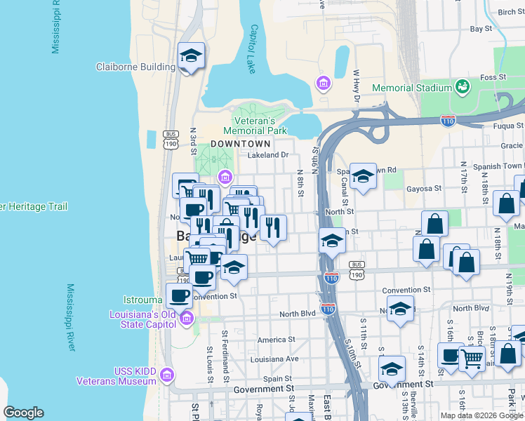map of restaurants, bars, coffee shops, grocery stores, and more near 602 North 5th Street in Baton Rouge