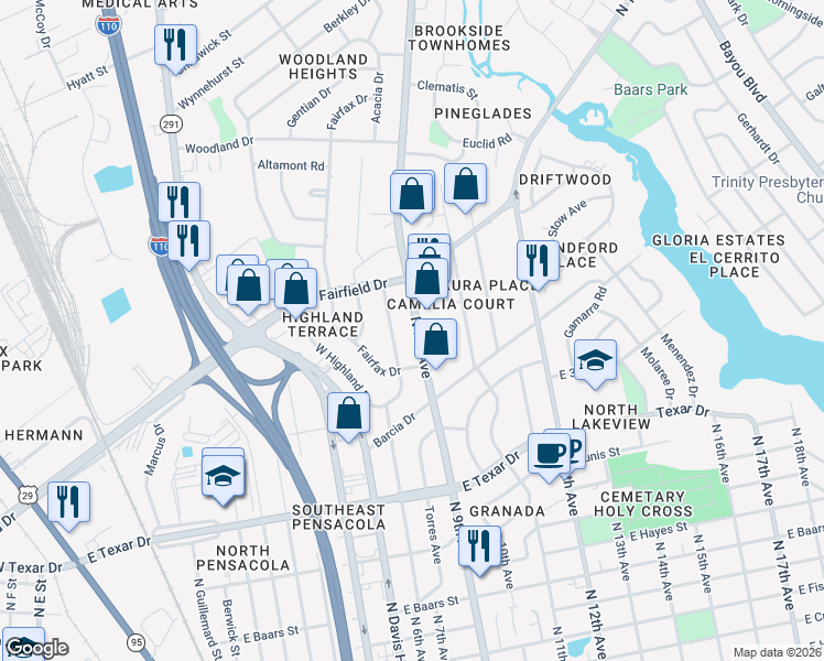 map of restaurants, bars, coffee shops, grocery stores, and more near 3911 North 9th Avenue in Pensacola
