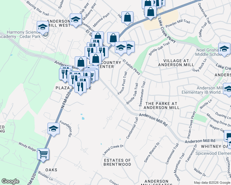 map of restaurants, bars, coffee shops, grocery stores, and more near 11506 Tanglebriar Trail in Austin