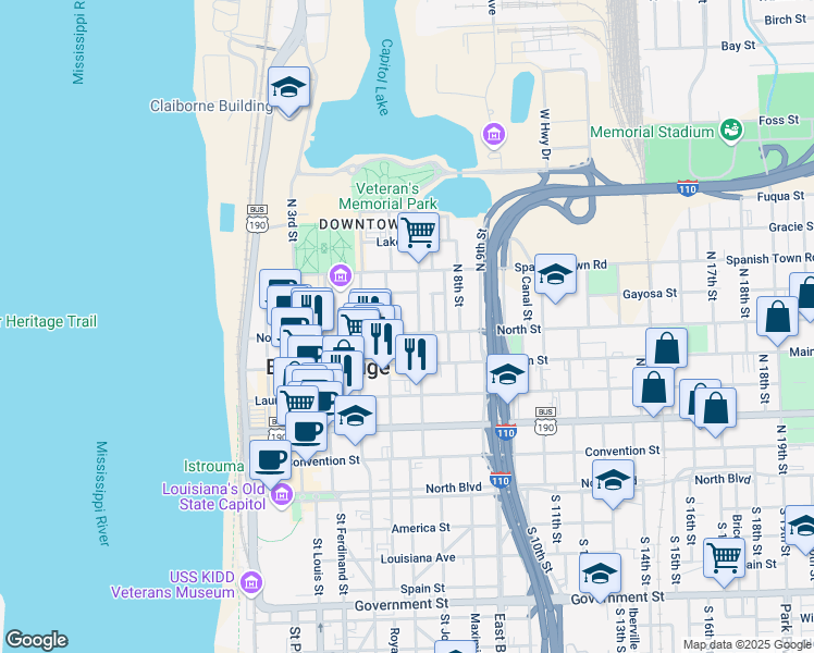 map of restaurants, bars, coffee shops, grocery stores, and more near 655 North Street in Baton Rouge