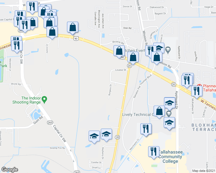 map of restaurants, bars, coffee shops, grocery stores, and more near 1332 Burgess Drive in Tallahassee