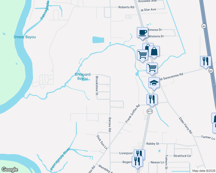 map of restaurants, bars, coffee shops, grocery stores, and more near 3728 Brohun Ave in Moss Point