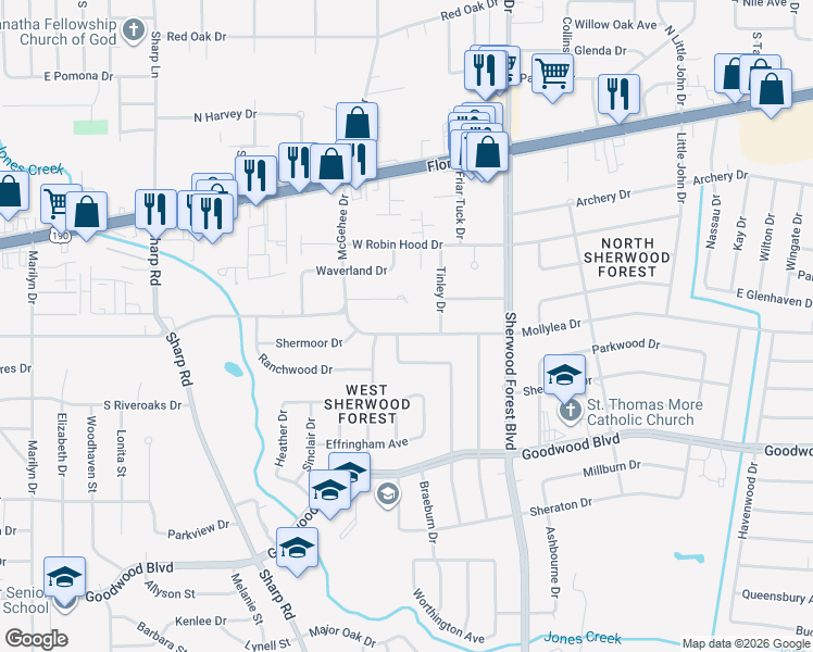 map of restaurants, bars, coffee shops, grocery stores, and more near 11055 Mollylea Drive in Baton Rouge